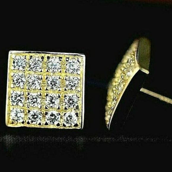 Solid 14K Gold Fancy Post Square Stud Push Back Earrings Sparkling Stones 7x7mm